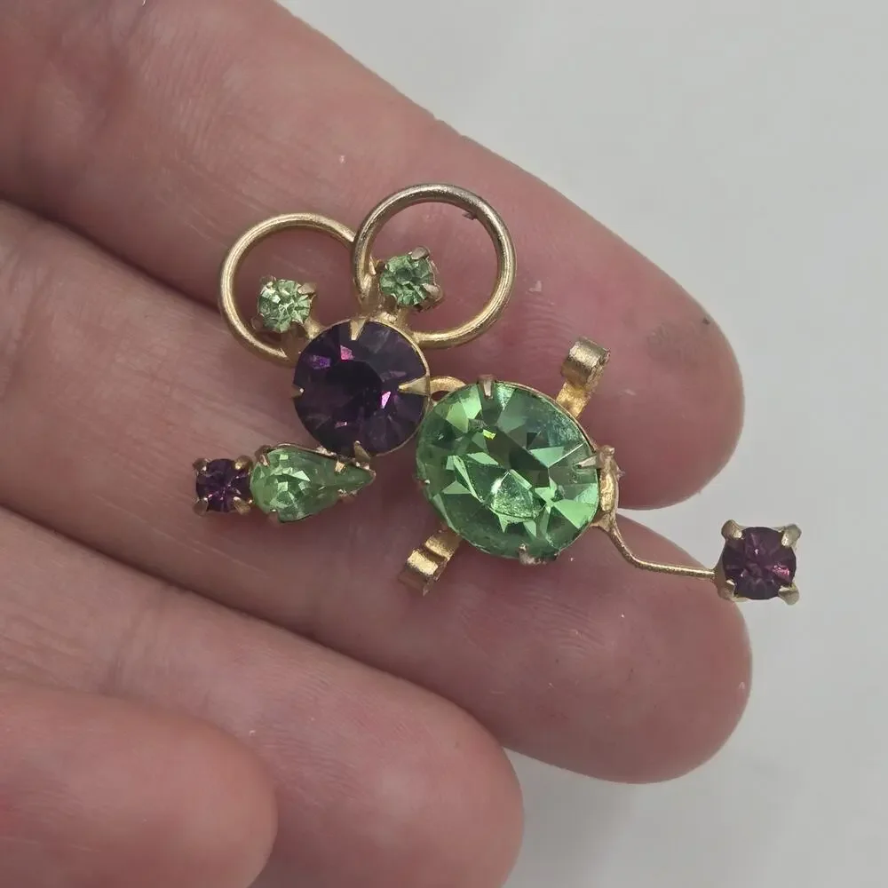 Vintage Unique Purple And Green Rhinestone Mouse Brooch Pin Figural Animal